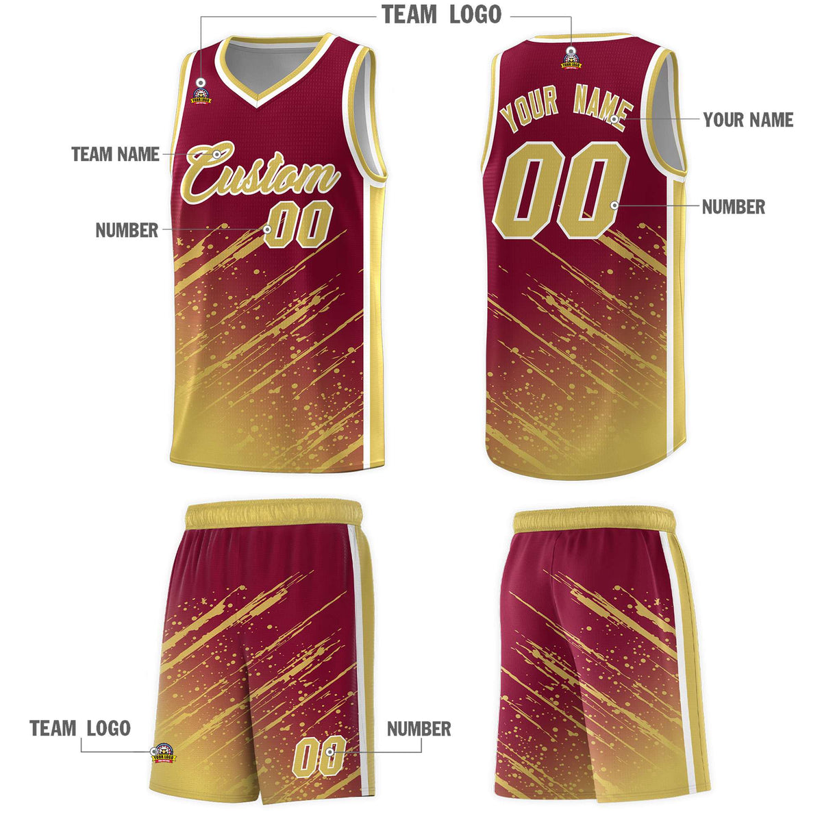 Custom Crimson Basketball Kits With Khaki Paint Graffiti