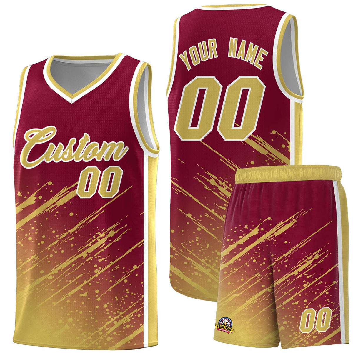 Custom Crimson Basketball Kits With Khaki Paint Graffiti