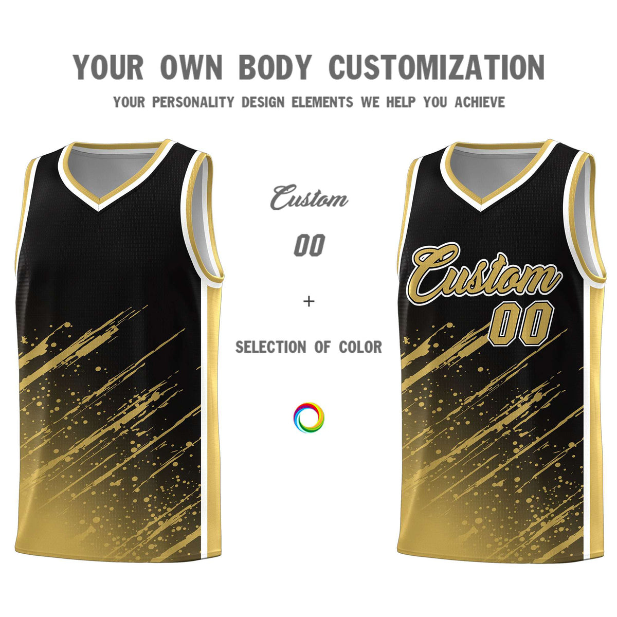 Custom Black Basketball Kits With Old Gold Paint Graffiti