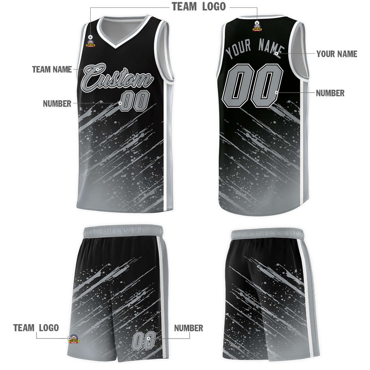 Custom Black Basketball Kits With Gray Paint Graffiti