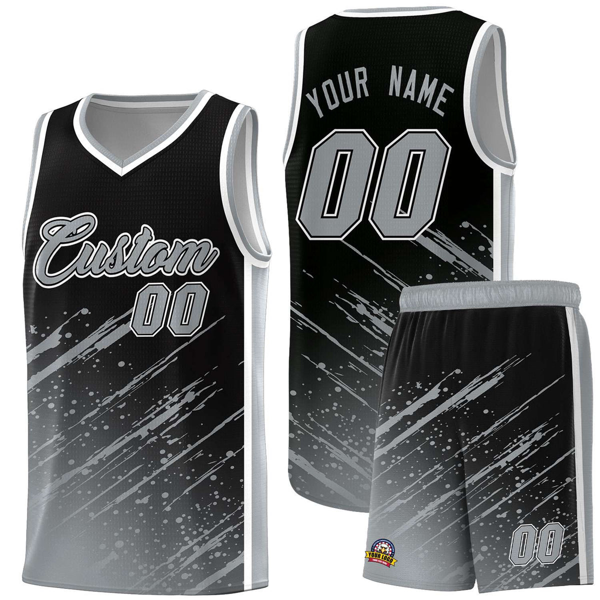 Custom Black Basketball Kits With Gray Paint Graffiti