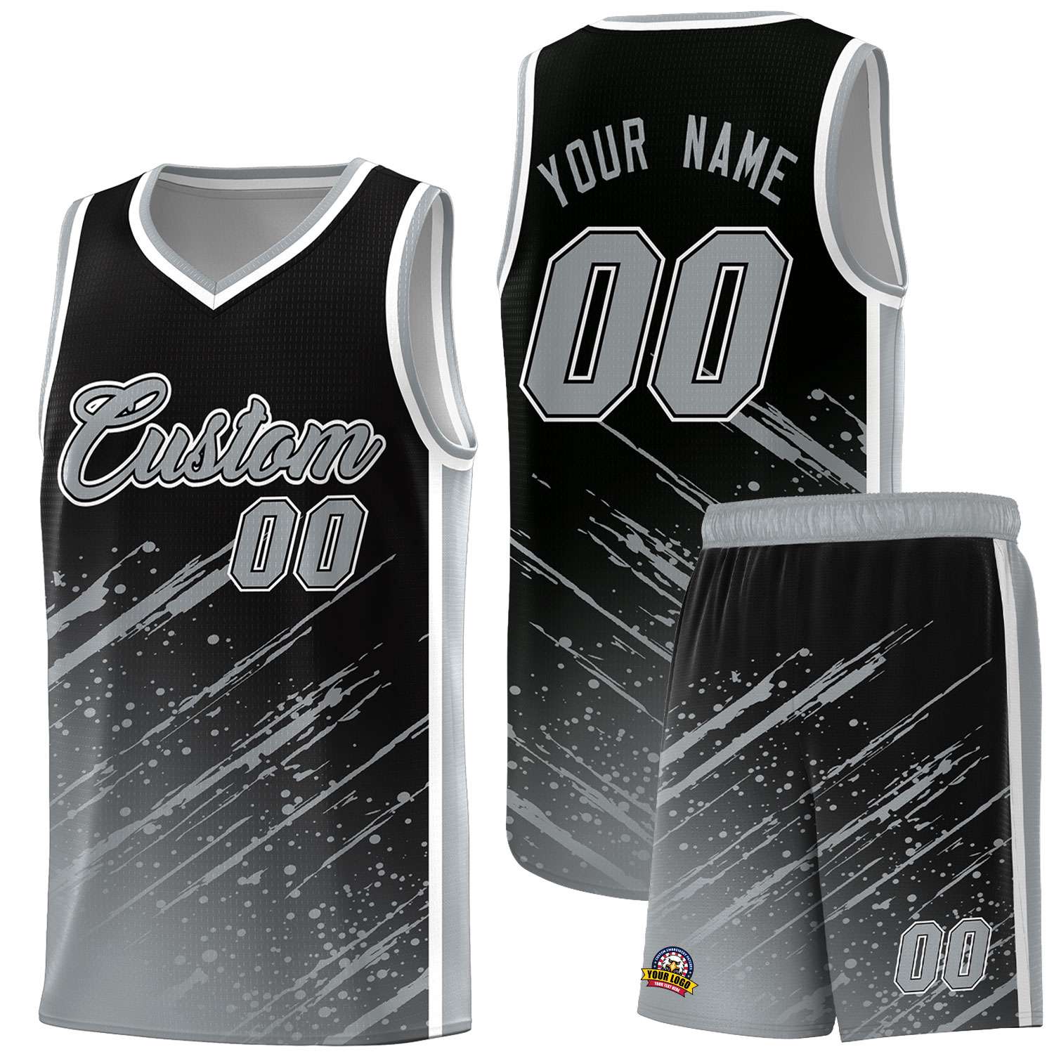 Custom Black Basketball Kits With Gray Paint Graffiti