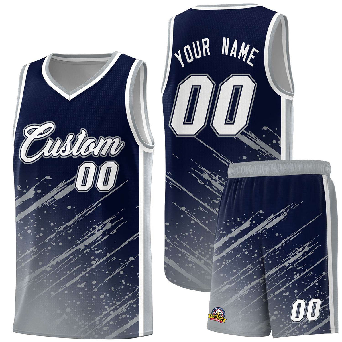 Custom Navy Basketball Kits With Gray Paint Graffiti