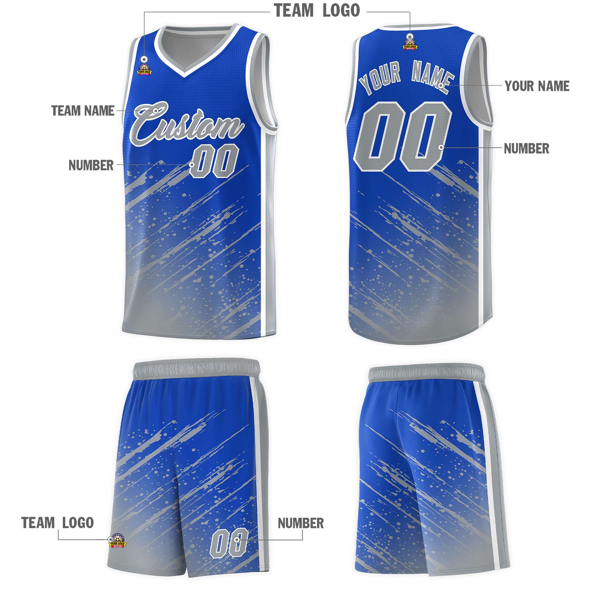 Custom Royal Basketball Kits With Gray Paint Graffiti