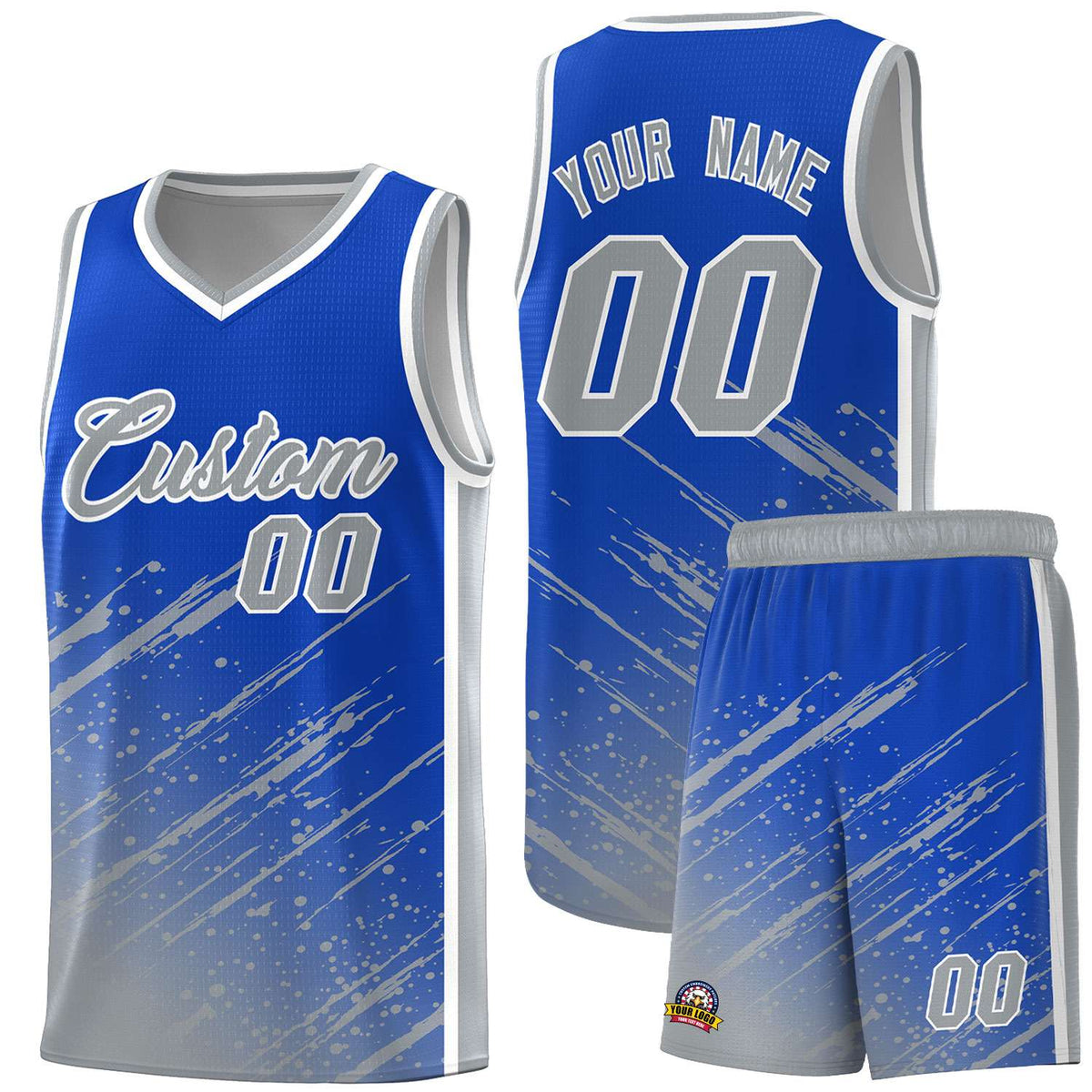 Custom Royal Basketball Kits With Gray Paint Graffiti