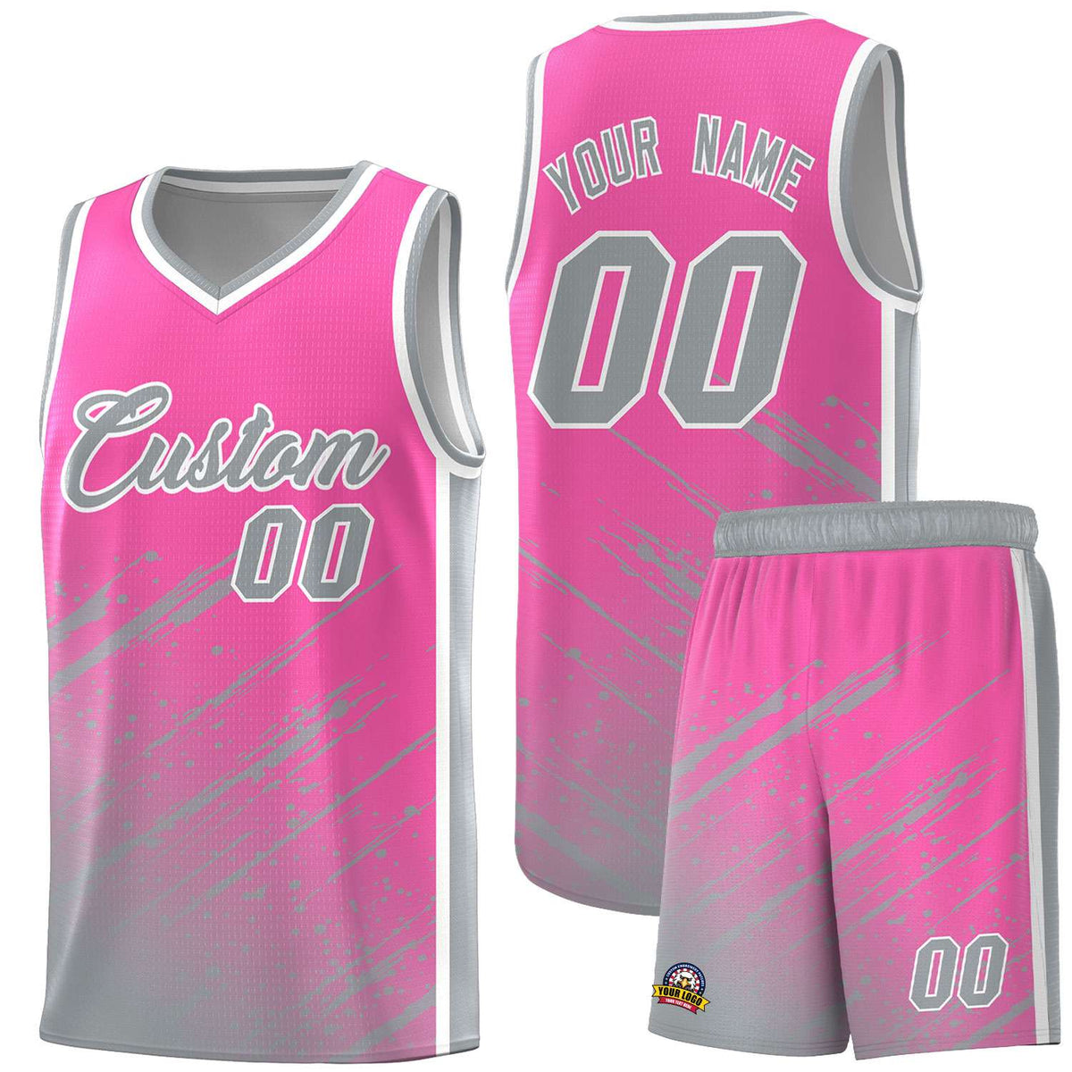 Custom Pink Basketball Kits With Gray Paint Graffiti