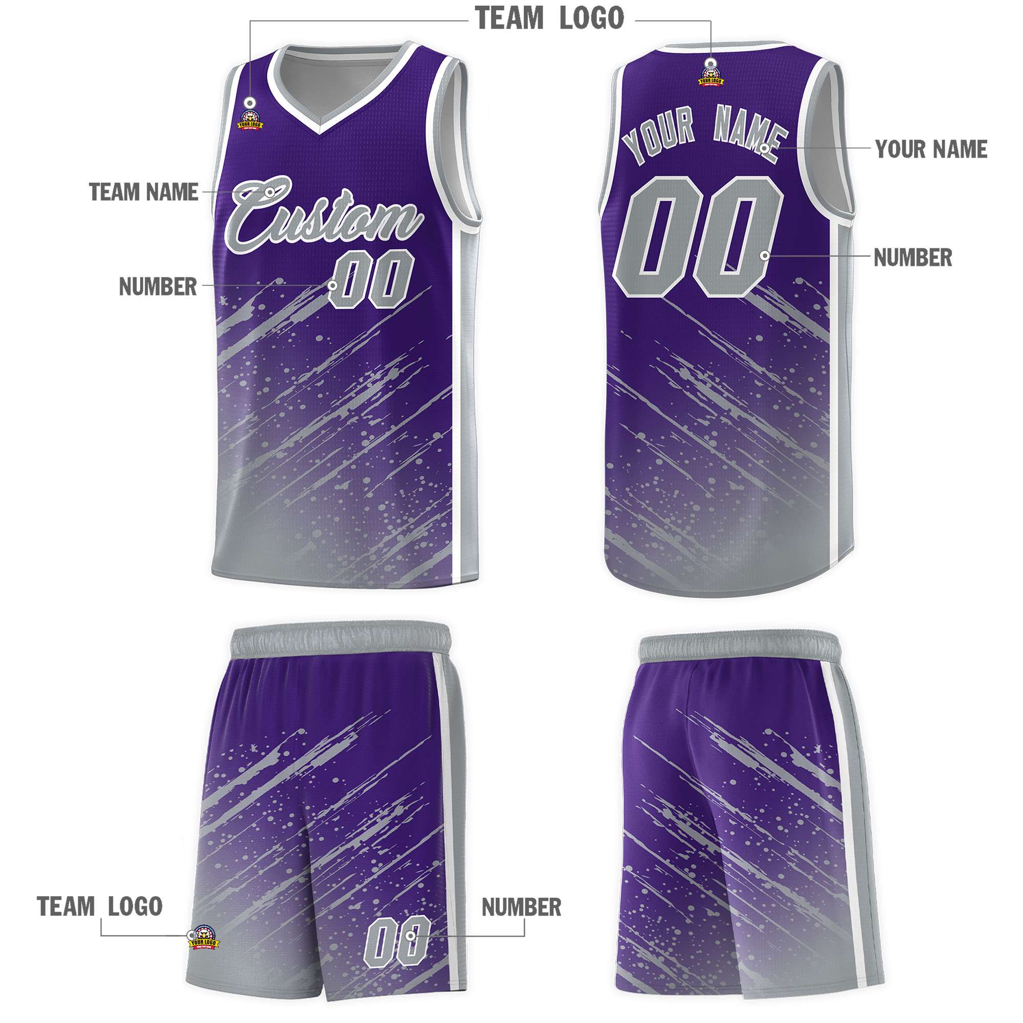 Custom Purple Basketball Kits With Gray Paint Graffiti