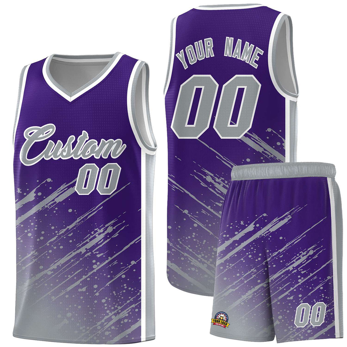 Custom Purple Basketball Kits With Gray Paint Graffiti