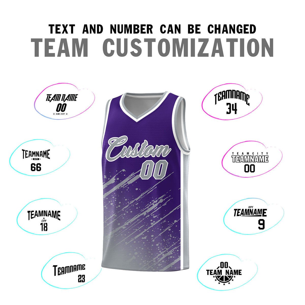 Custom Purple Basketball Kits With Gray Paint Graffiti