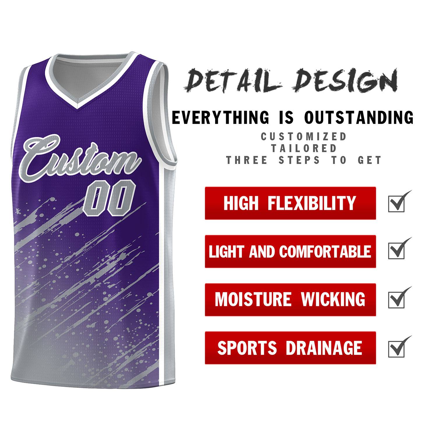 Custom Purple Basketball Kits With Gray Paint Graffiti