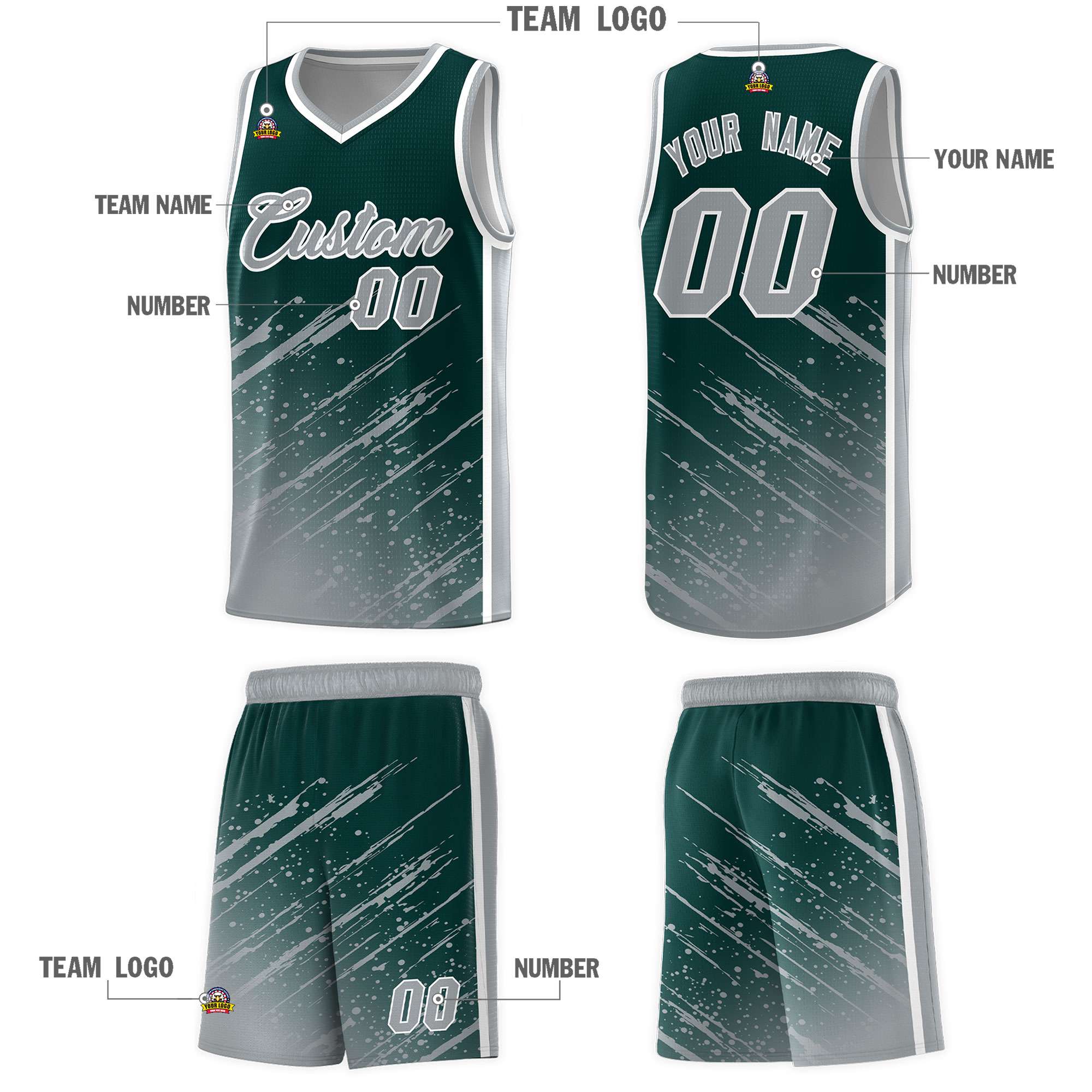 Custom Midnight Green Basketball Kits With Gray Paint Graffiti