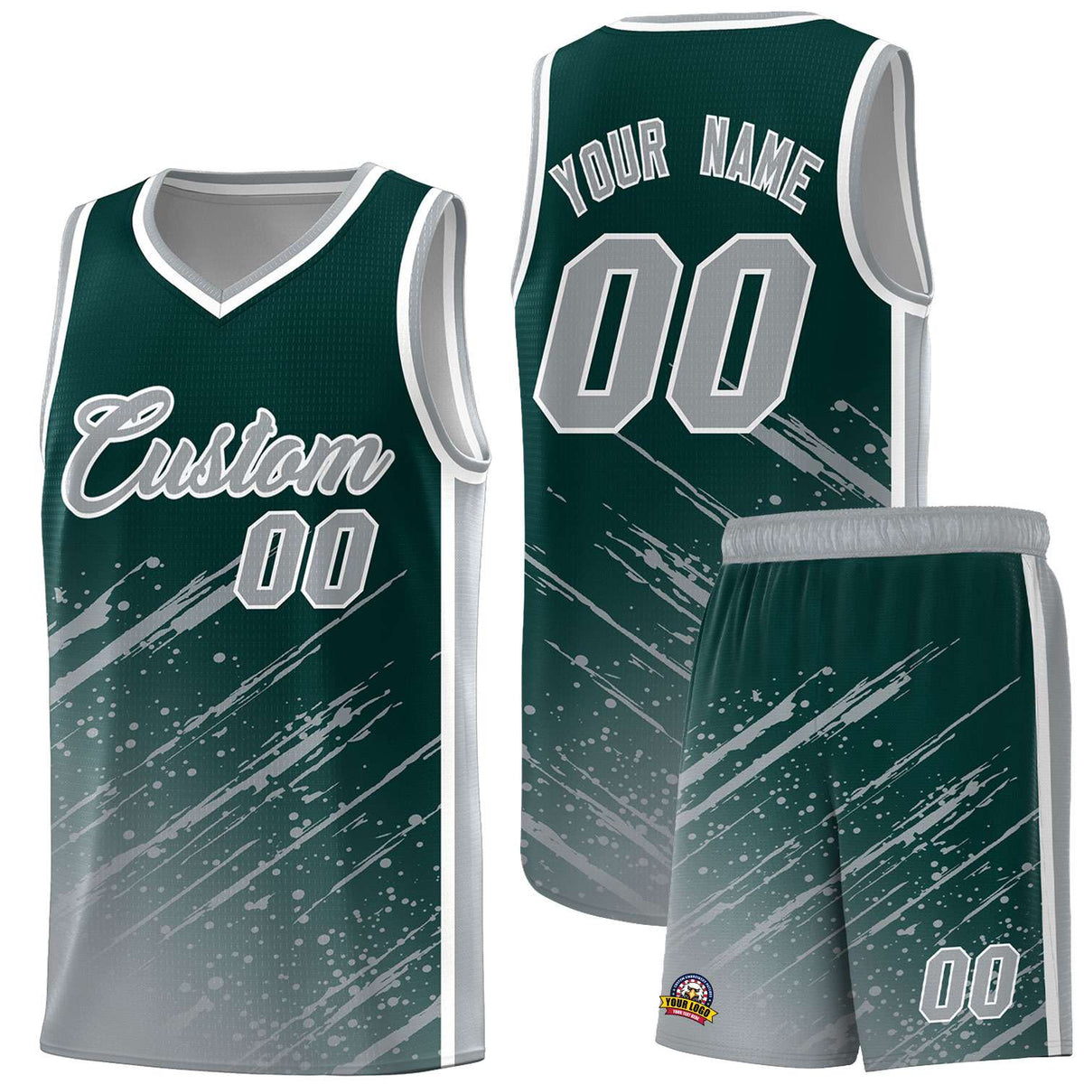 Custom Midnight Green Basketball Kits With Gray Paint Graffiti