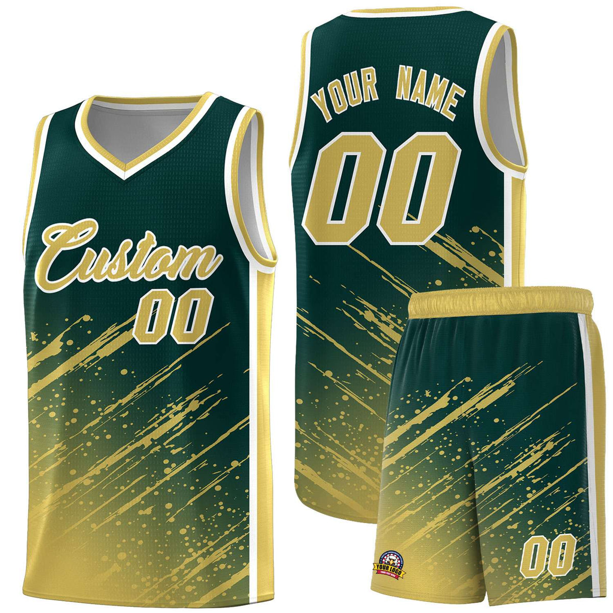Custom Midnight Green Basketball Kits With Khaki Paint Graffiti