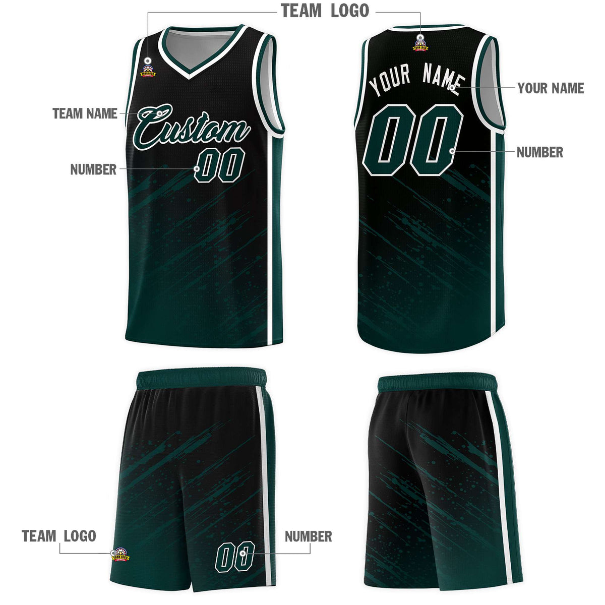 Custom Black Basketball Kits With Midnight Green Paint Graffiti