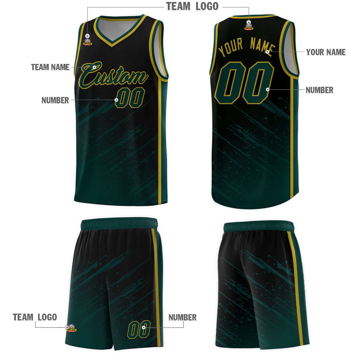 Custom Black Basketball Kits With Midnight Green Paint Graffiti