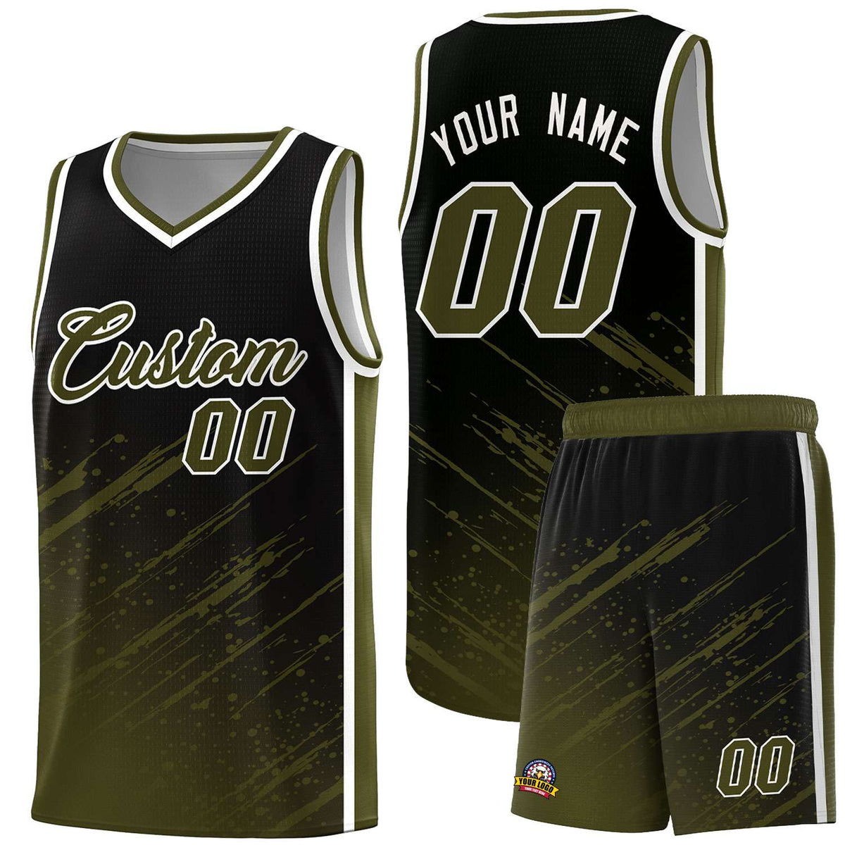 Custom Black Basketball Kits With Olive Paint Graffiti