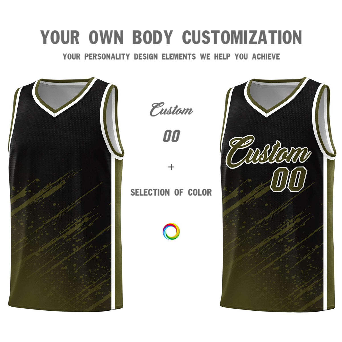 Custom Black Basketball Kits With Olive Paint Graffiti