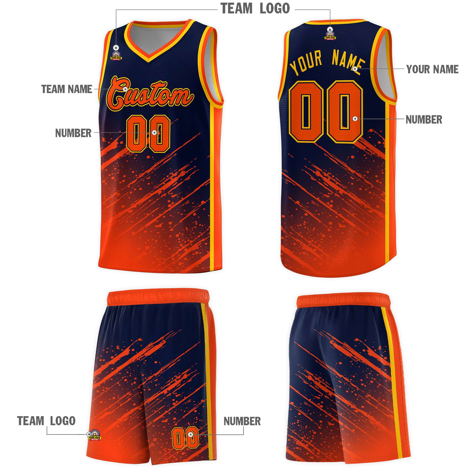 Custom Navy Basketball Kits With Orange Paint Graffiti
