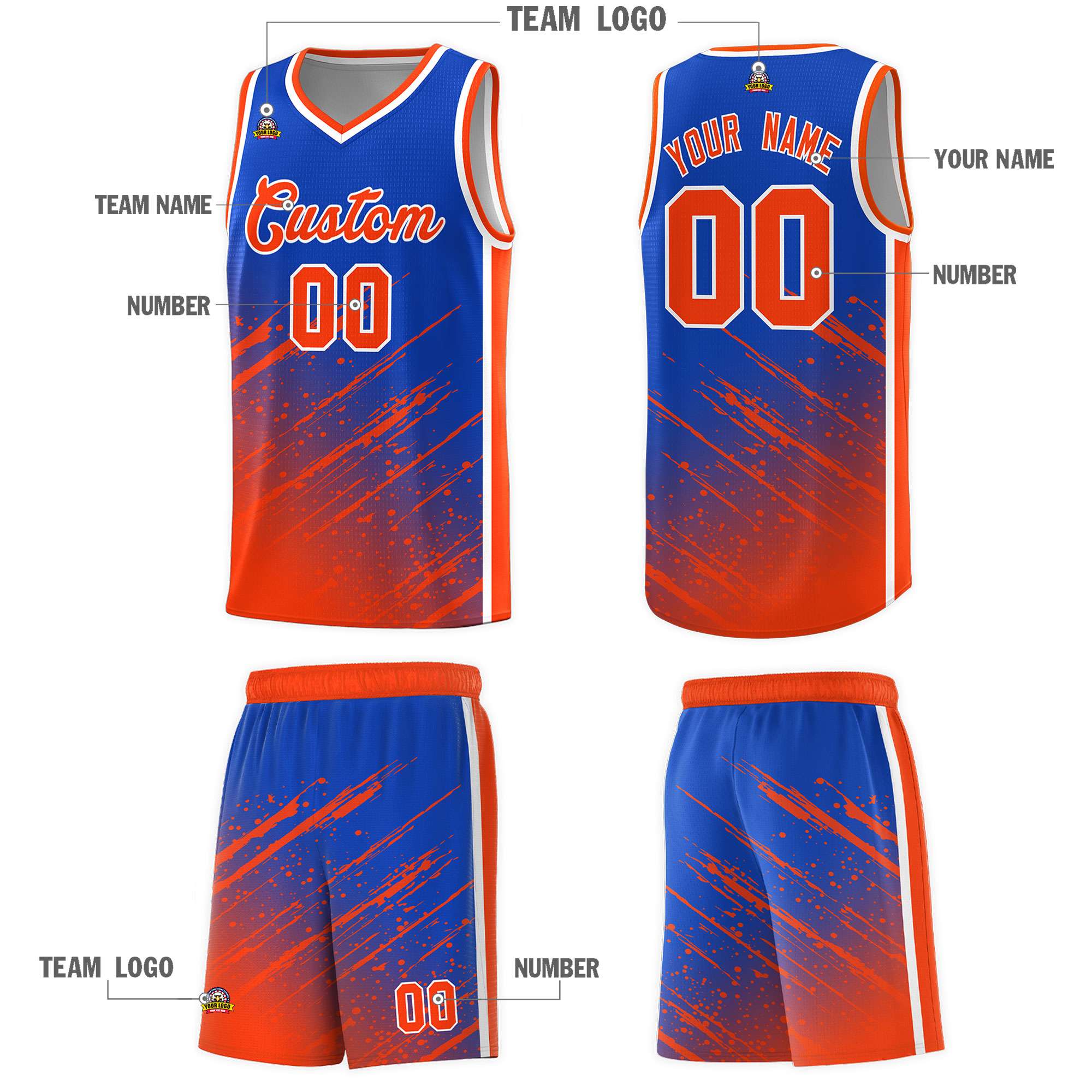 Custom Royal Basketball Kits With Orange Paint Graffiti
