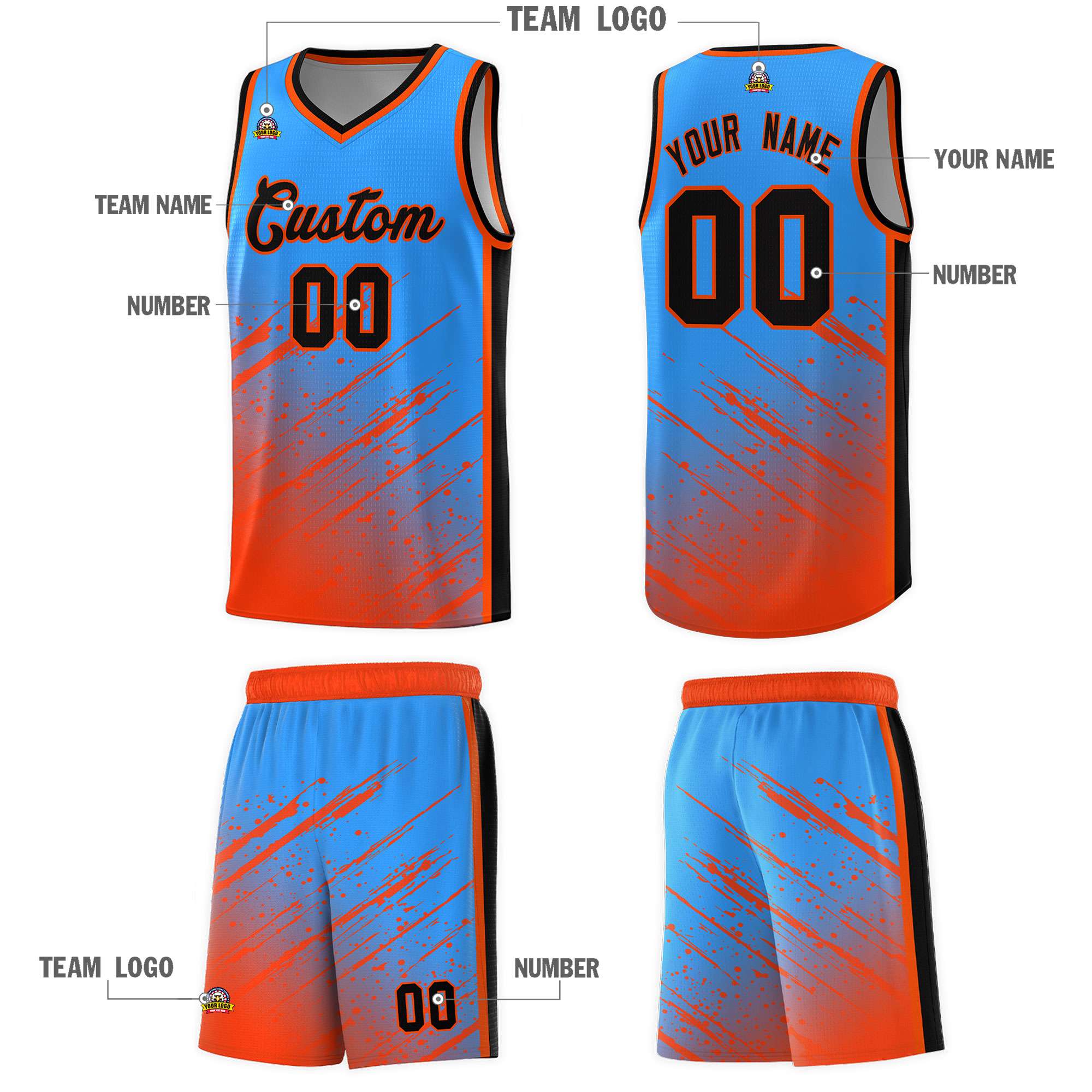Custom Powder Blue Basketball Kits With Orange Paint Graffiti