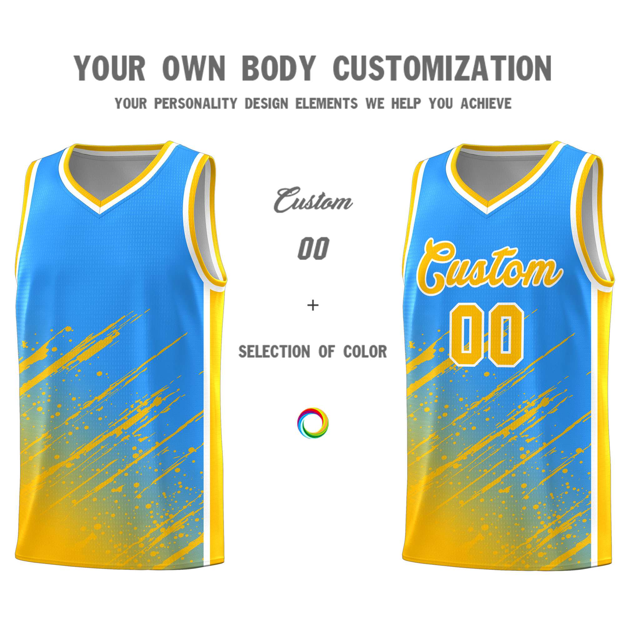 Custom Powder Blue Basketball Kits With Yellow Paint Graffiti