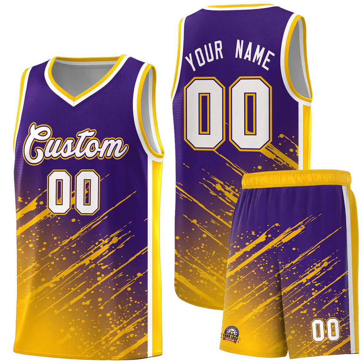 Custom Purple Basketball Kits With Yellow Paint Graffiti