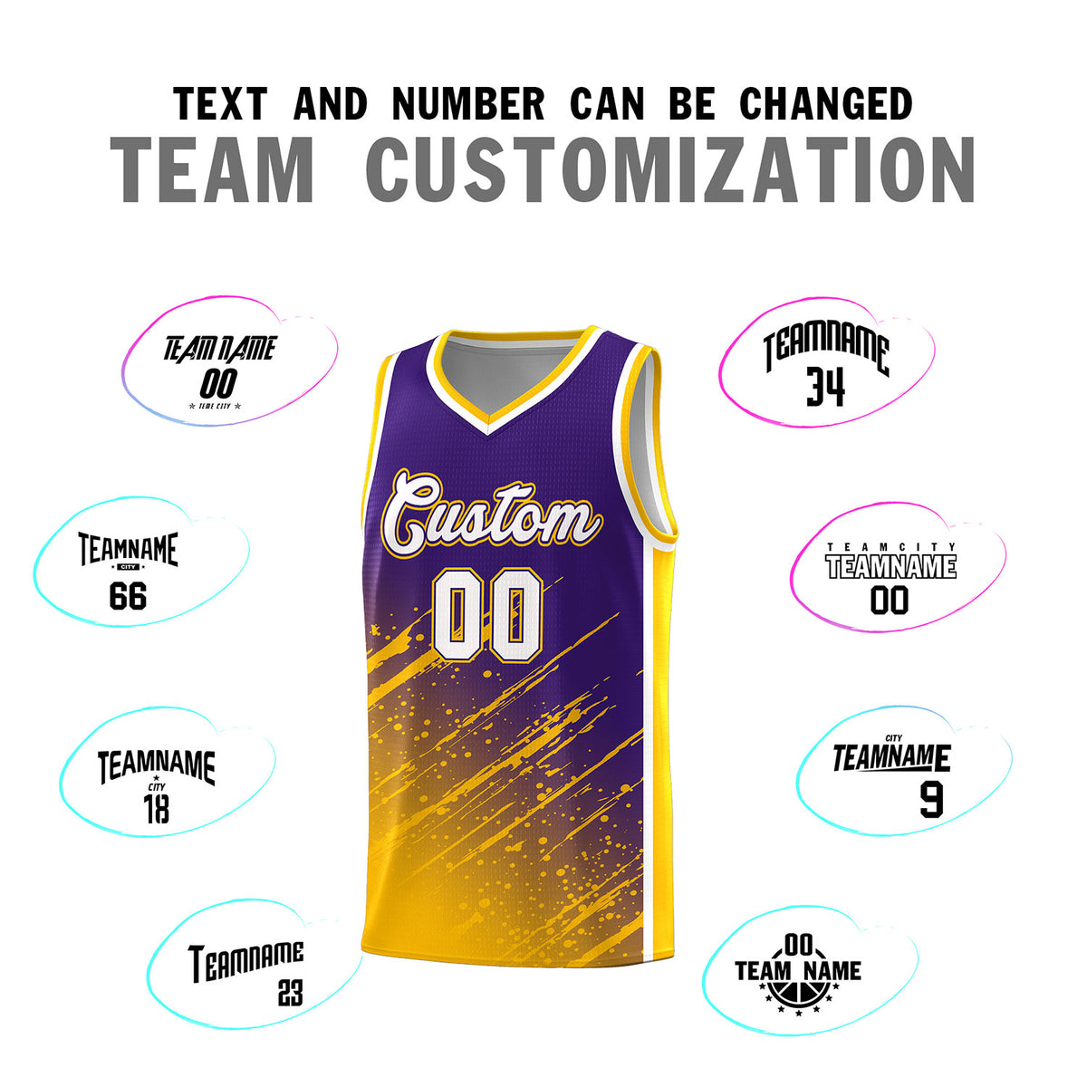 Custom Purple Basketball Kits With Yellow Paint Graffiti