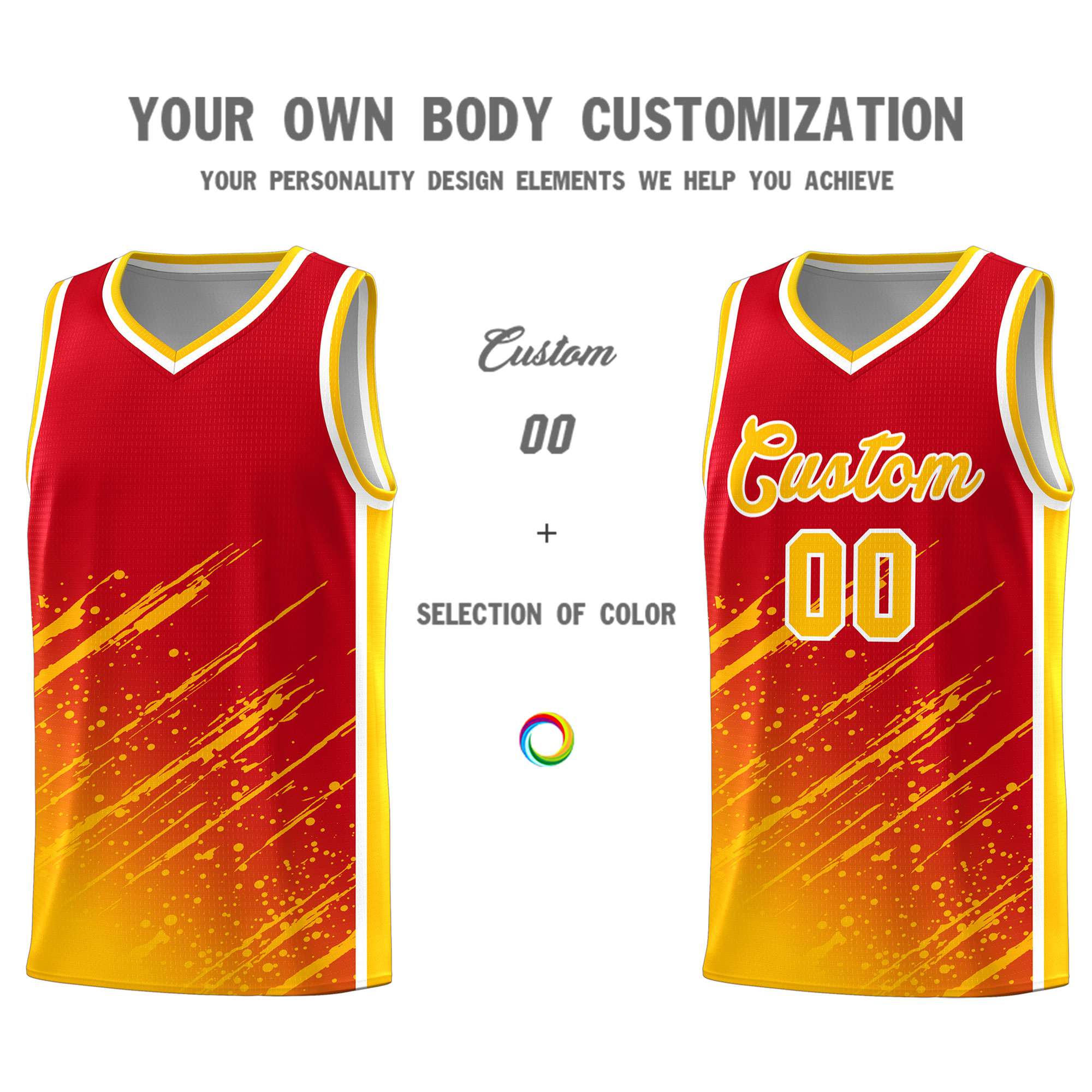 Custom Red Basketball Kits With Yellow Paint Graffiti