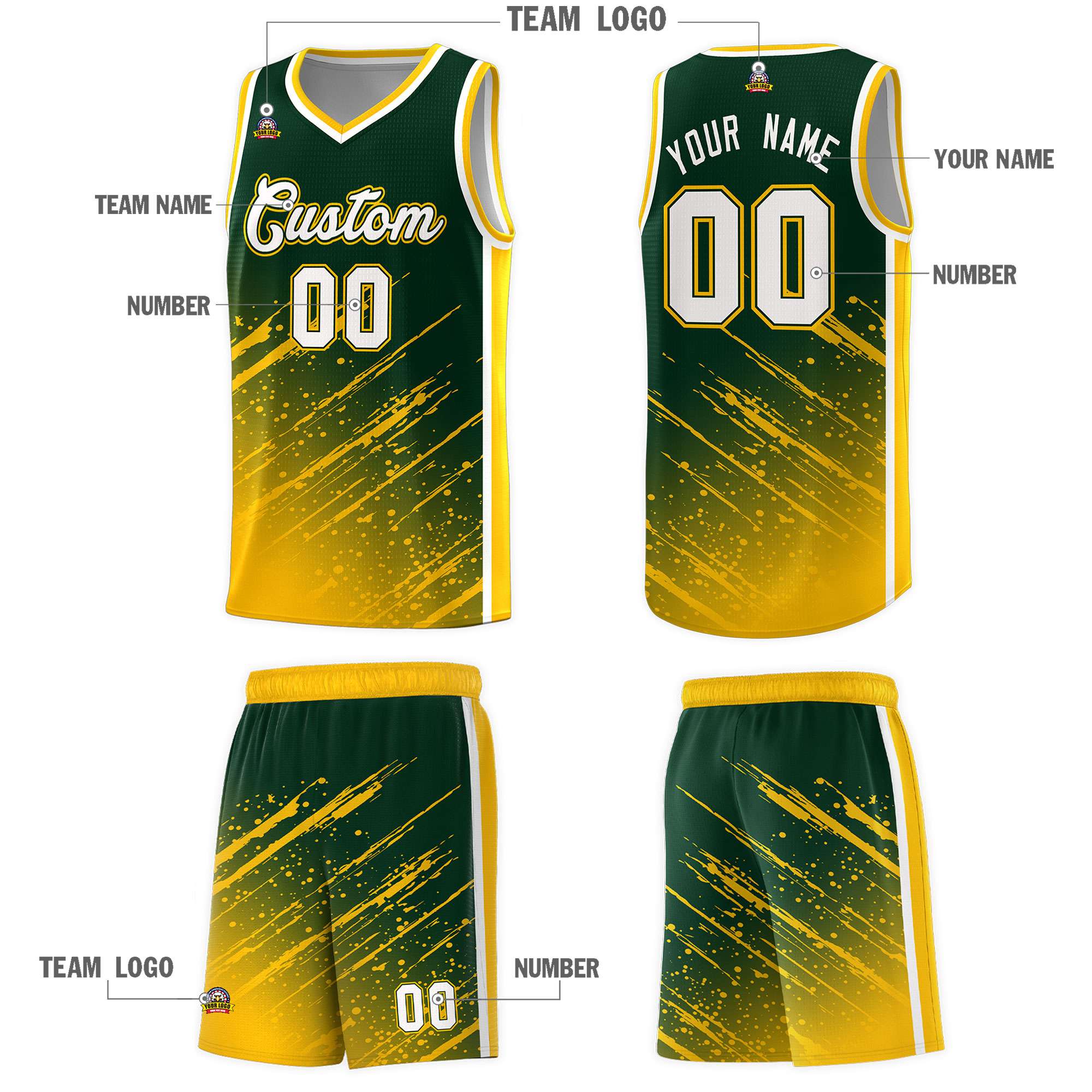 Custom Green Basketball Kits With Yellow Paint Graffiti