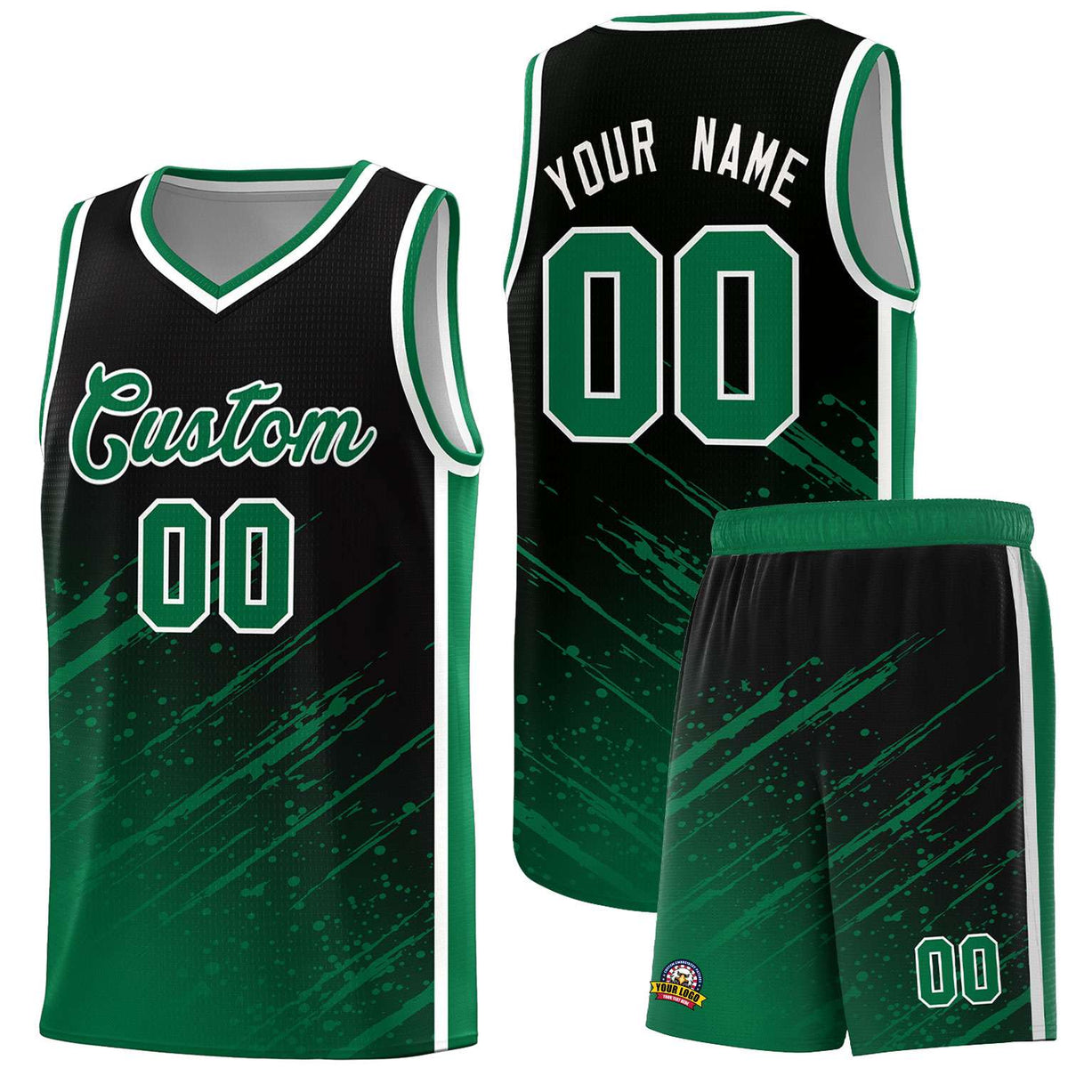 Custom Black Basketball Kits With Kelly Green Paint Graffiti