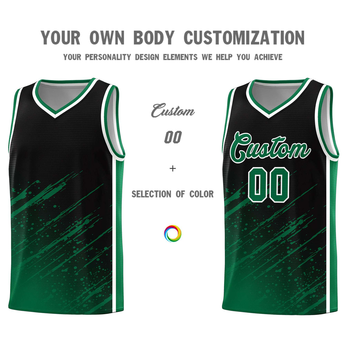 Custom Black Basketball Kits With Kelly Green Paint Graffiti
