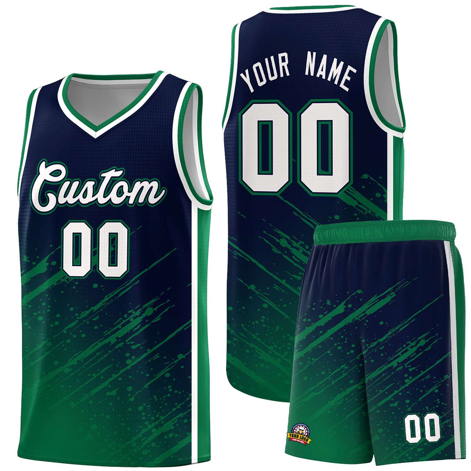 Custom Navy Basketball Kits With Kelly Green Paint Graffiti