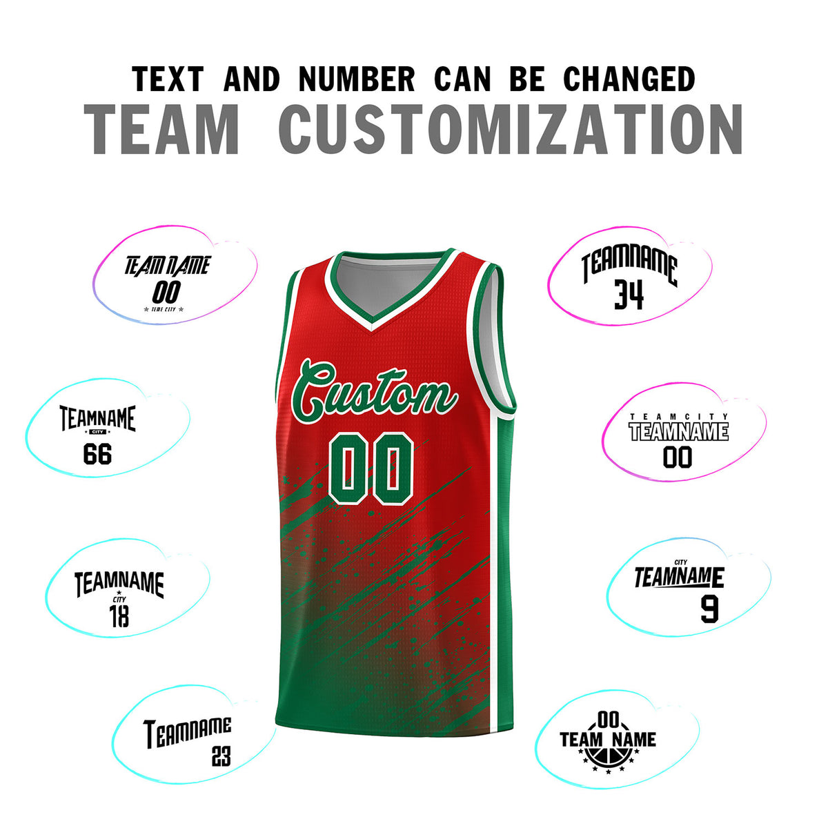 Custom Red Basketball Kits With Kelly Green Paint Graffiti