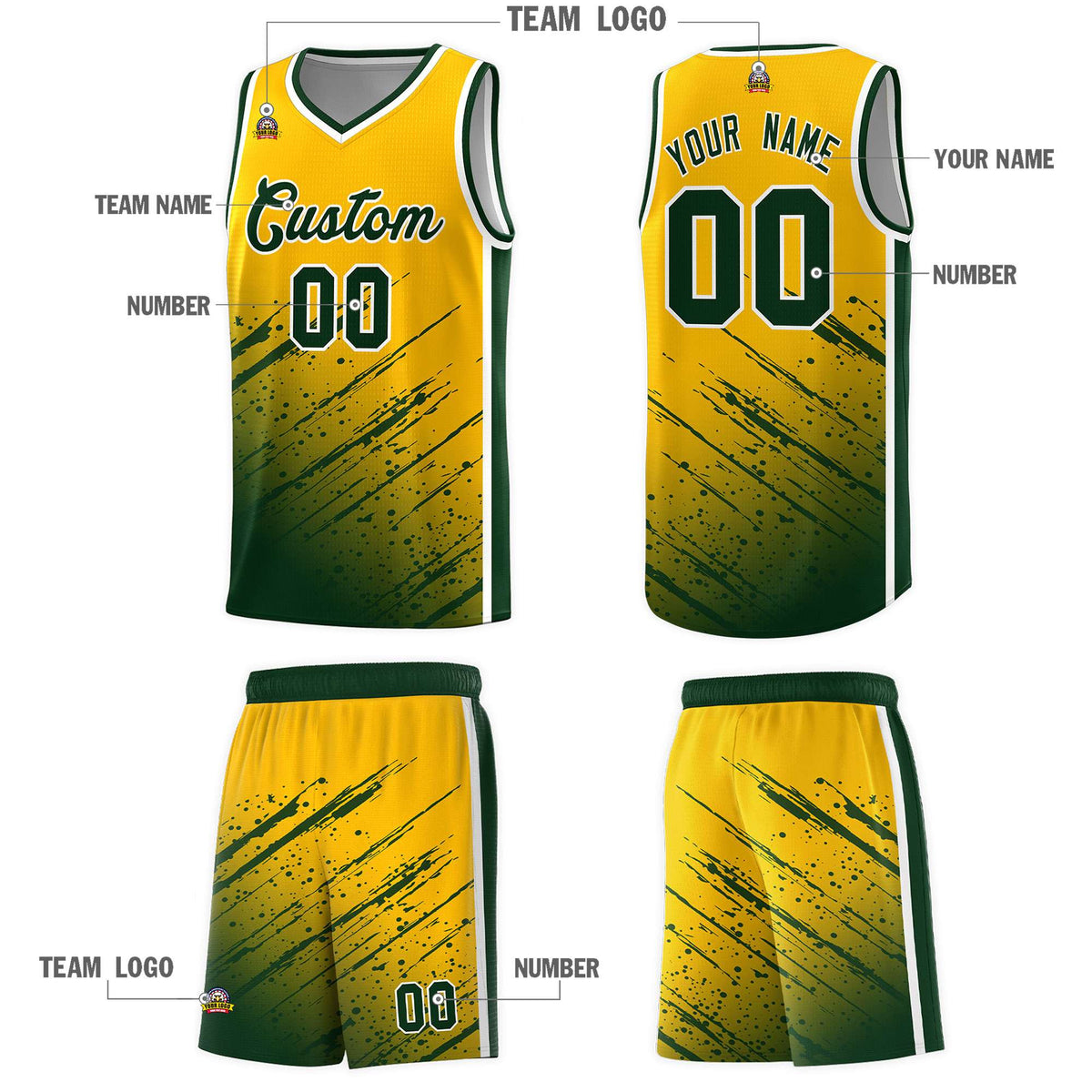 Custom Yellow Basketball Kits With Green Paint Graffiti