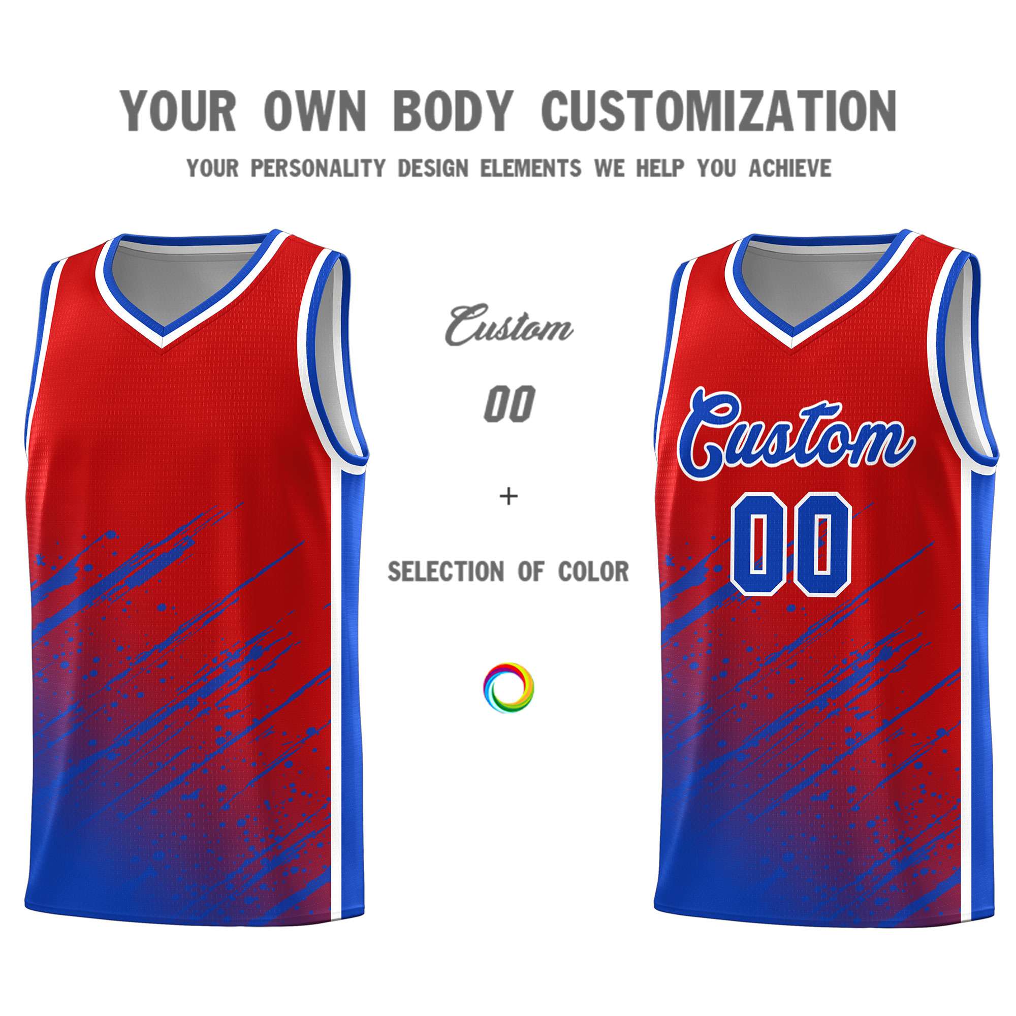 Custom Red Basketball Kits With Royal Paint Graffiti
