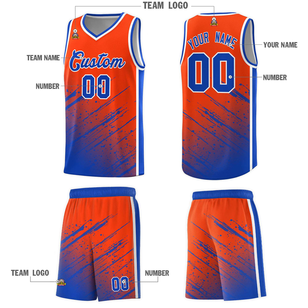 Custom Orange Basketball Kits With Royal Paint Graffiti