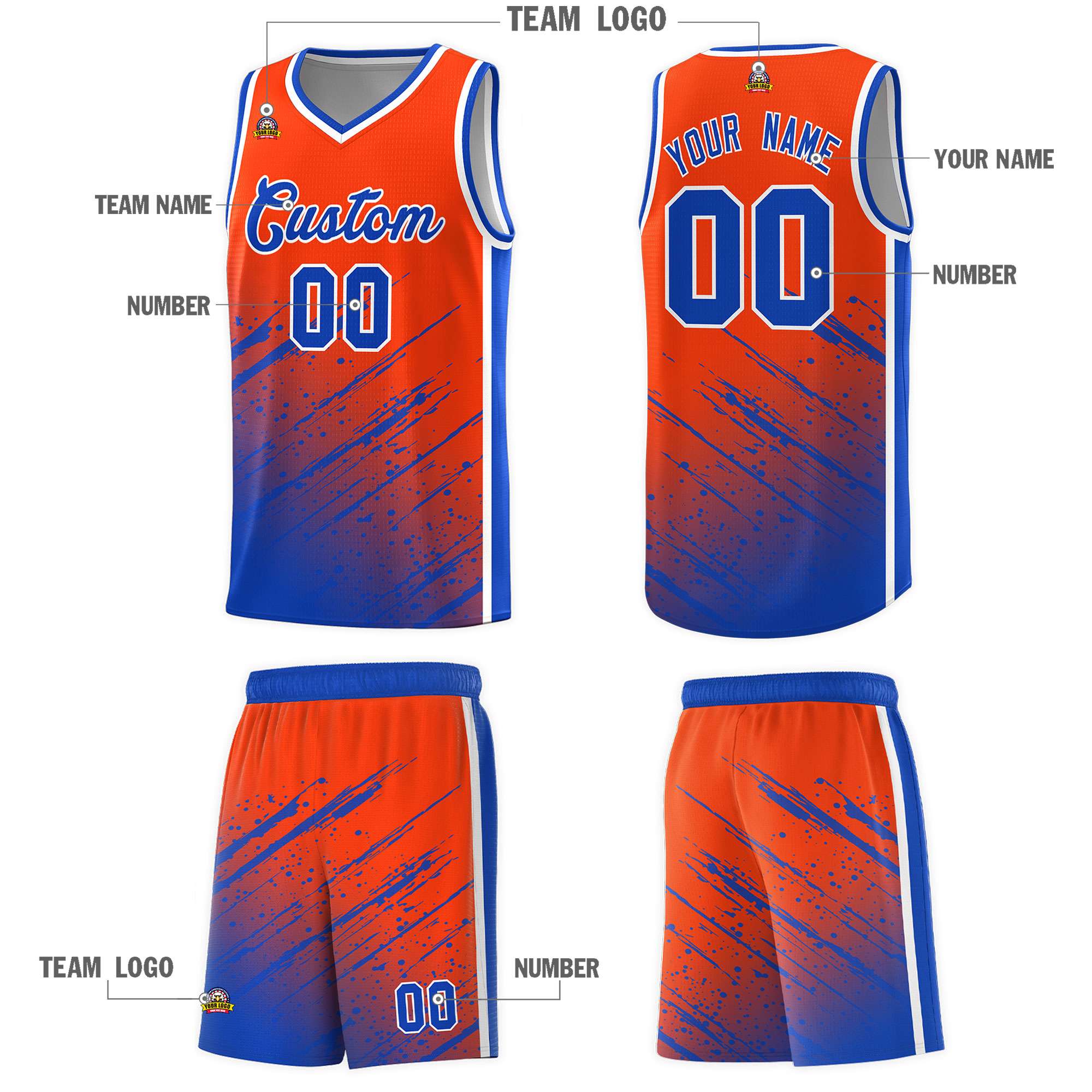 Custom Orange Basketball Kits With Royal Paint Graffiti