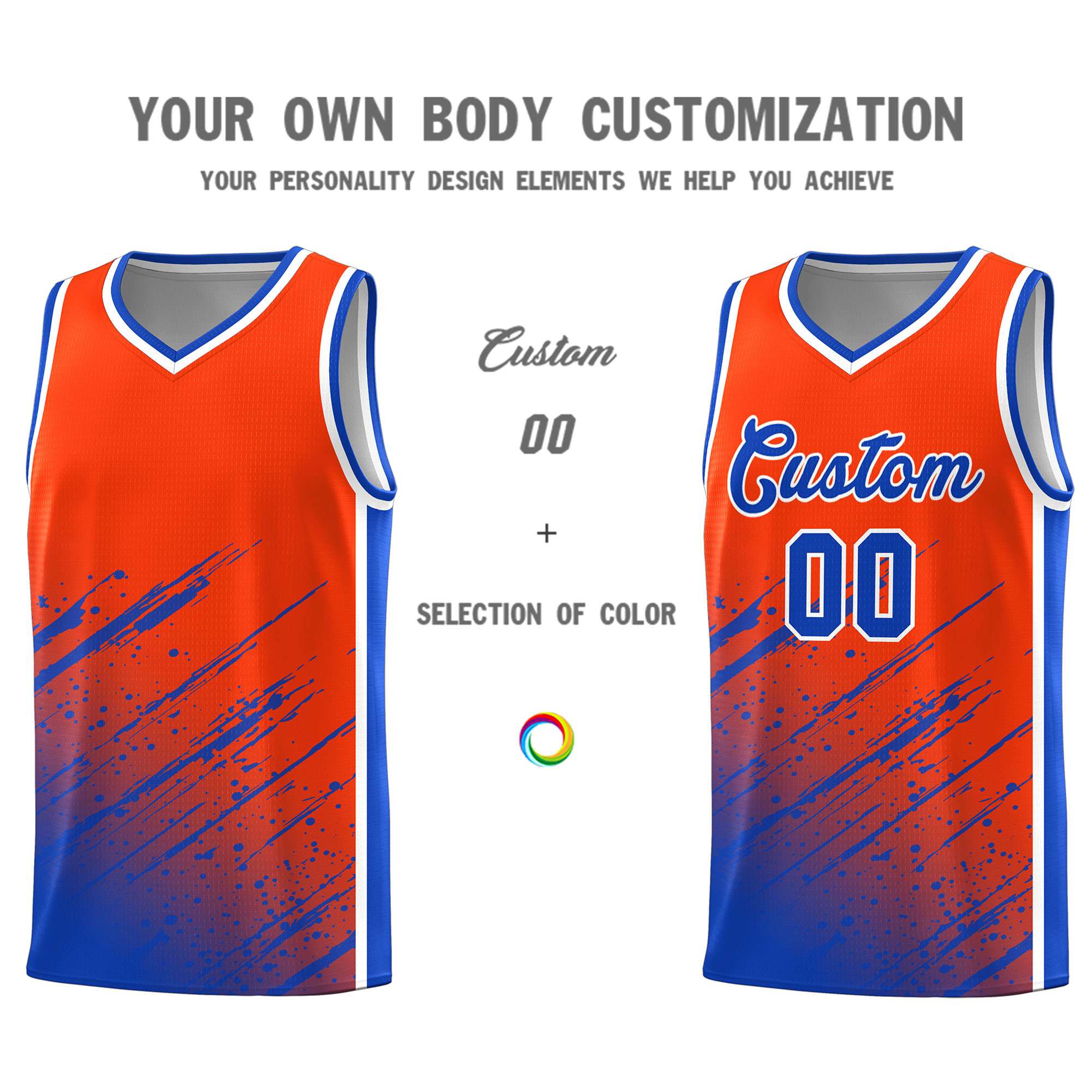 Custom Orange Basketball Kits With Royal Paint Graffiti