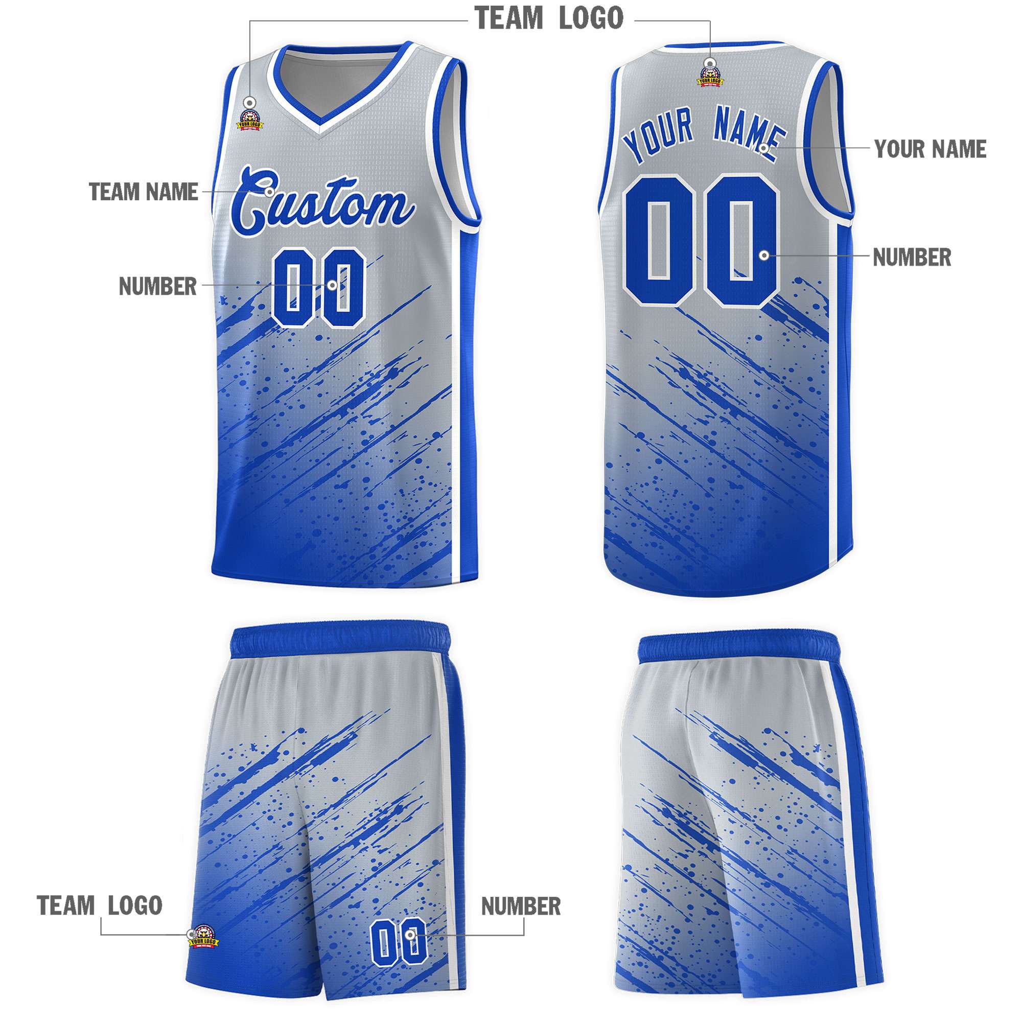 Custom Gray Basketball Kits With Royal Paint Graffiti
