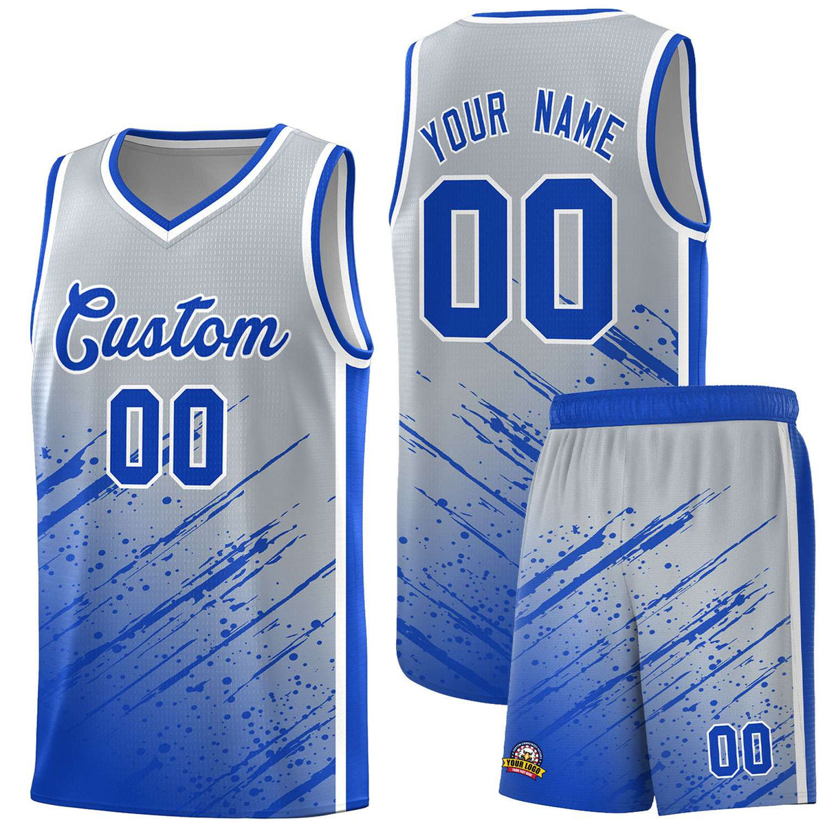 Custom Gray Basketball Kits With Royal Paint Graffiti
