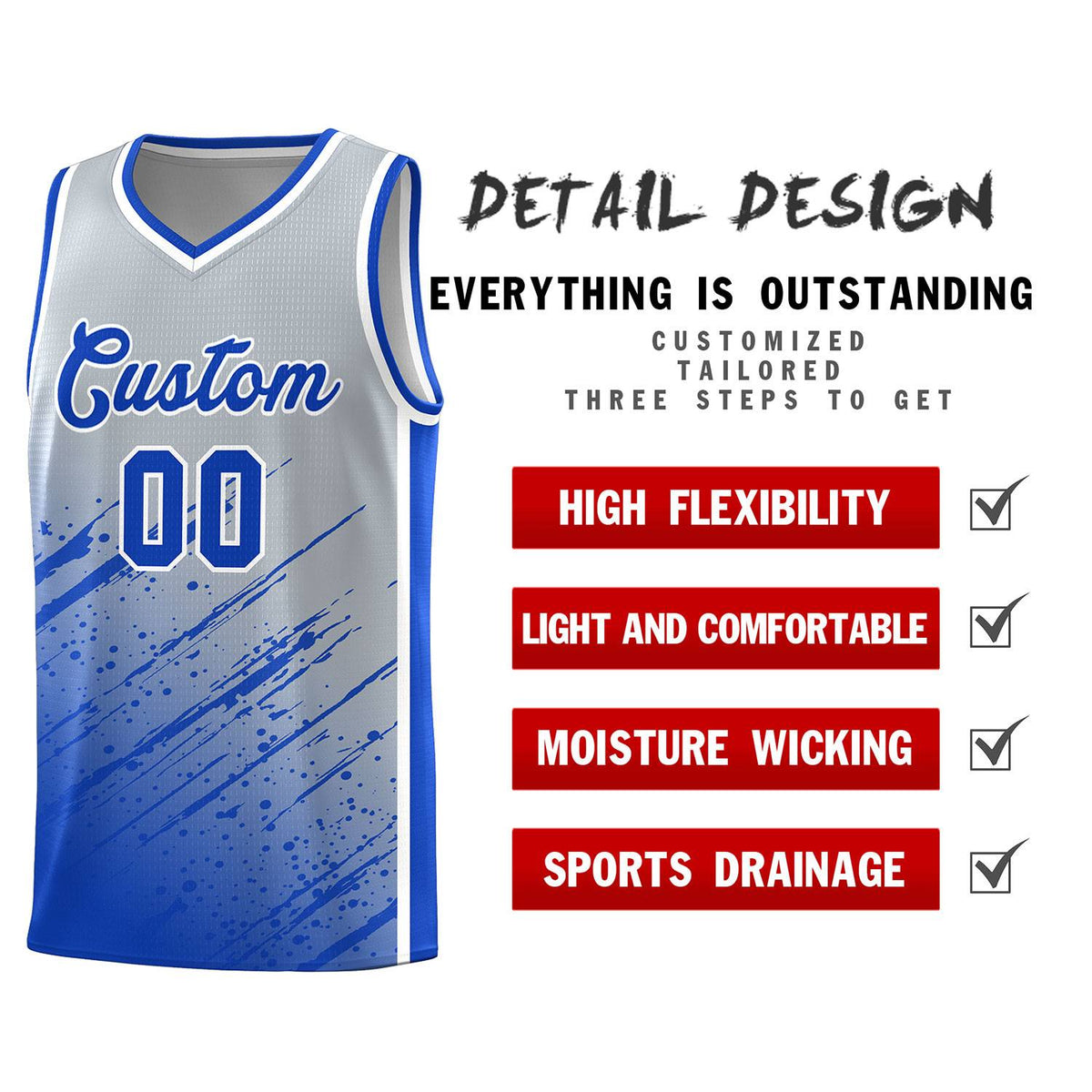 Custom Gray Basketball Kits With Royal Paint Graffiti