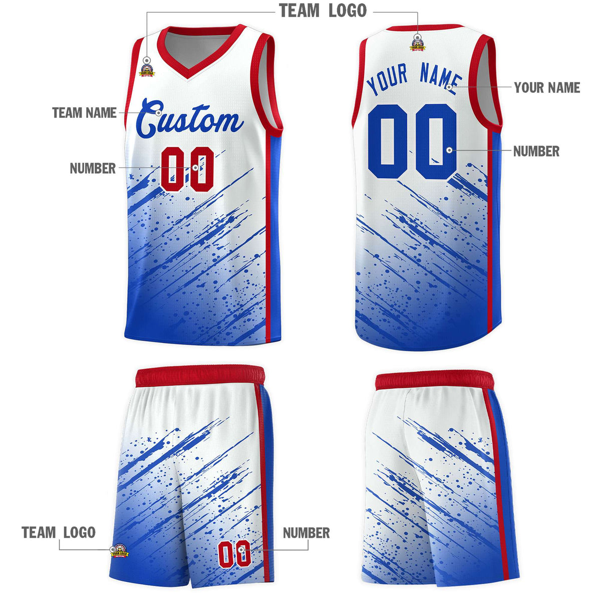 Custom White Basketball Kits With Royal Paint Graffiti