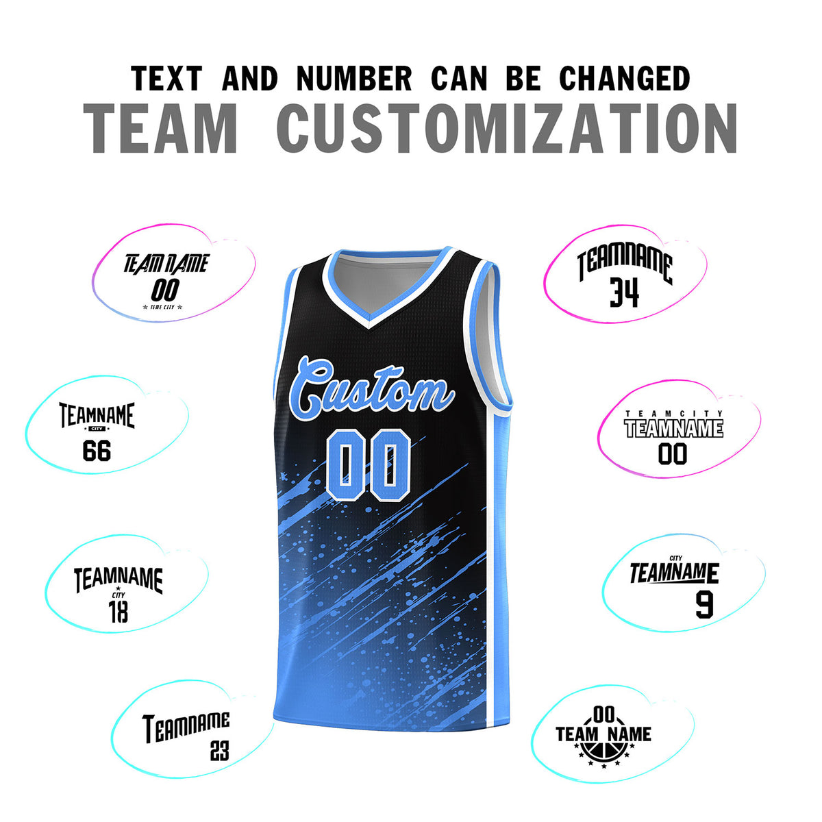 Custom Black Basketball Kits With Powder Blue Paint Graffiti