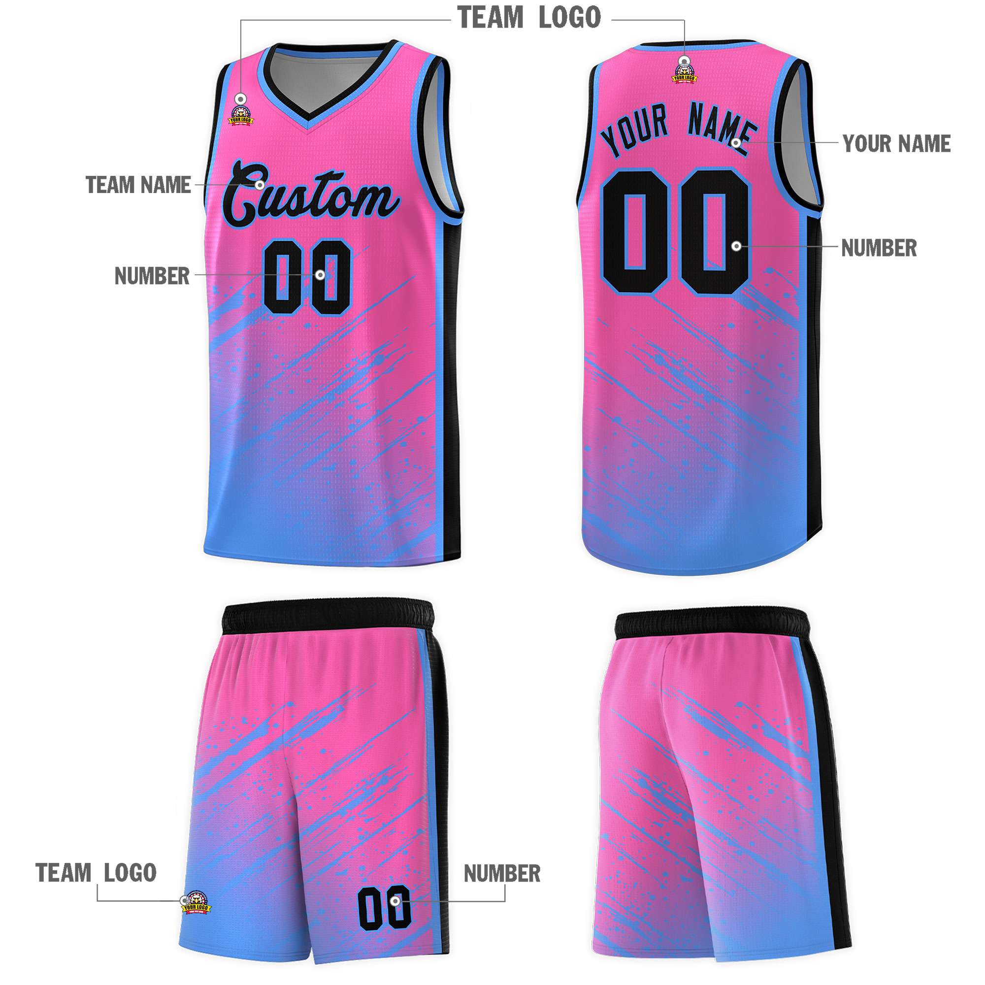 Custom Pink Basketball Kits With Powder Blue Paint Graffiti