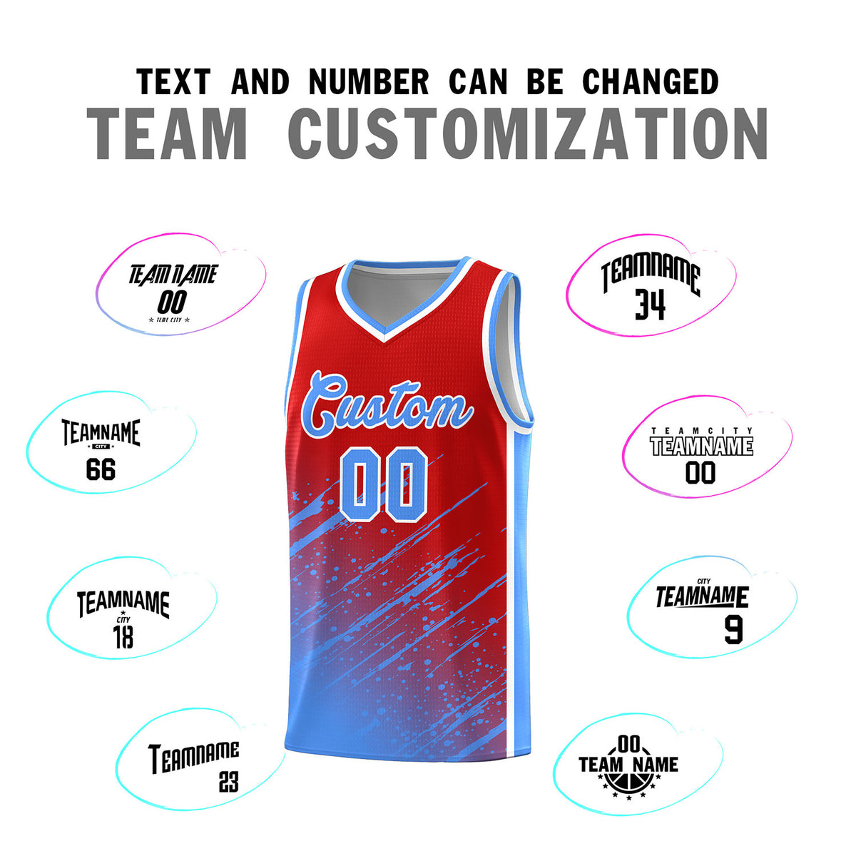 Custom Red Basketball Kits With Powder Blue Paint Graffiti