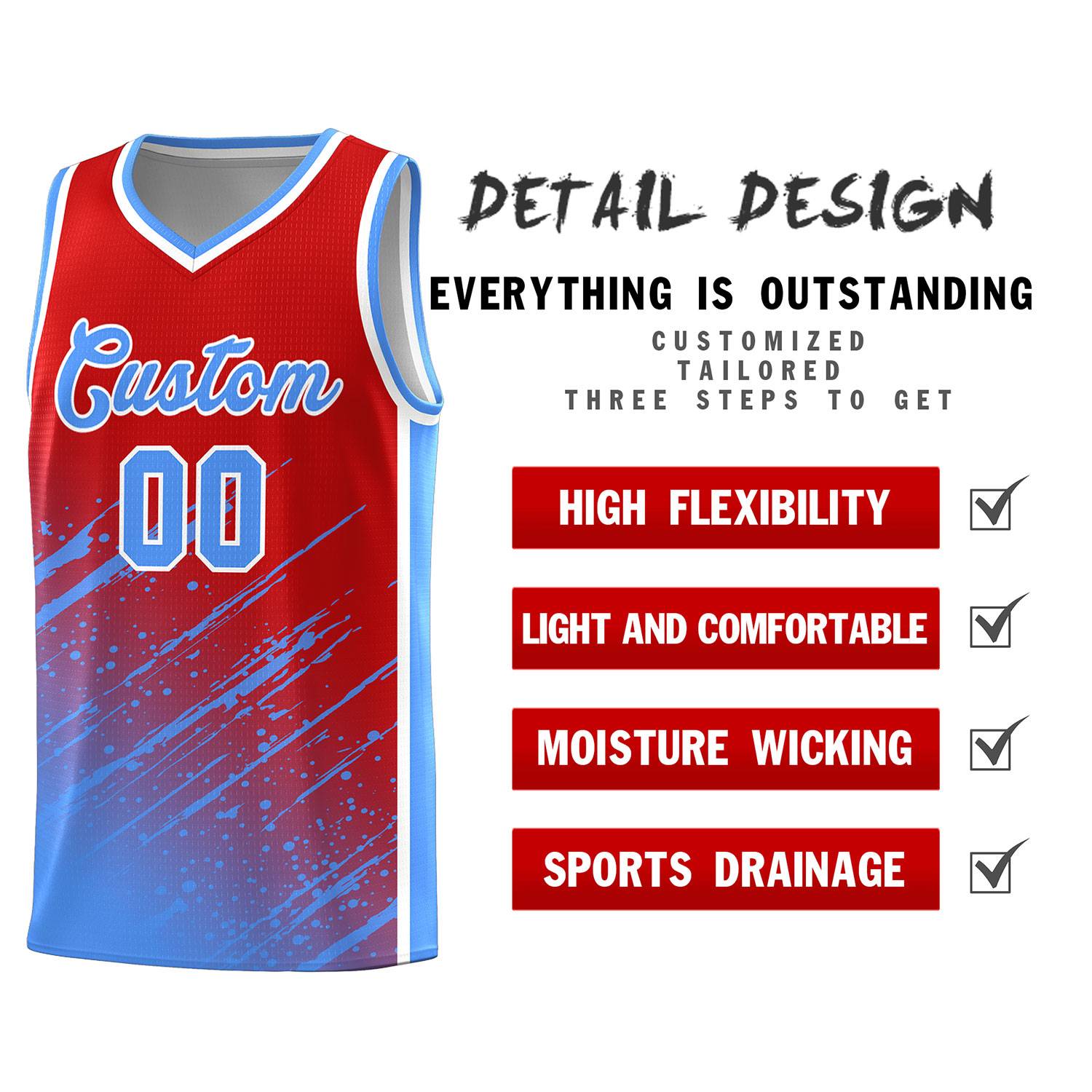 Custom Red Basketball Kits With Powder Blue Paint Graffiti