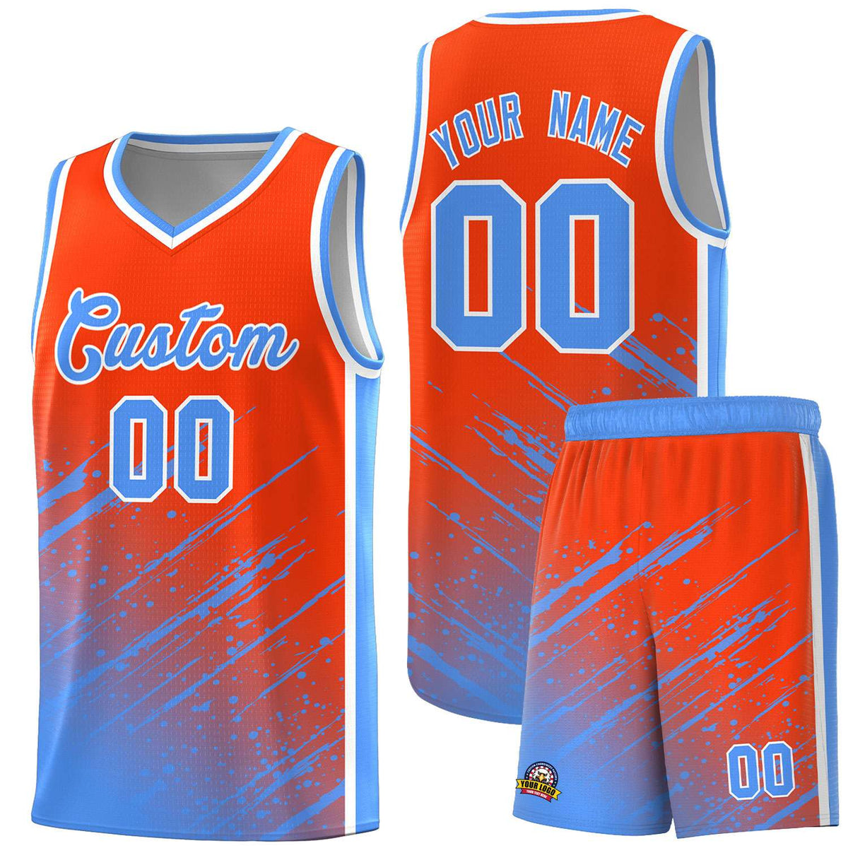 Custom Orange Basketball Kits With Powder Blue Paint Graffiti