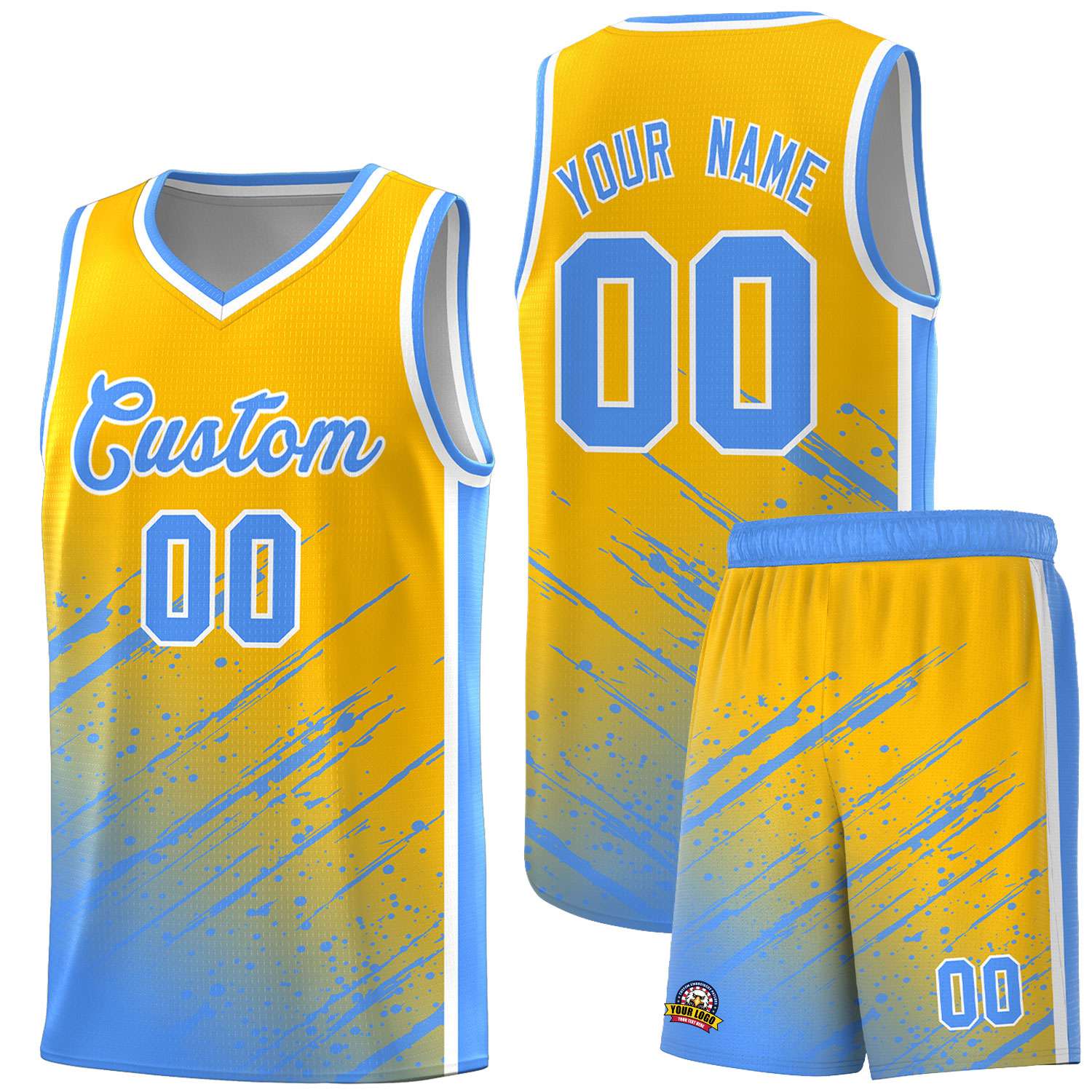 Custom Yellow Basketball Kits With Powder Blue Paint Graffiti