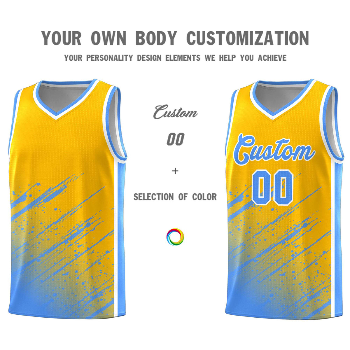 Custom Yellow Basketball Kits With Powder Blue Paint Graffiti