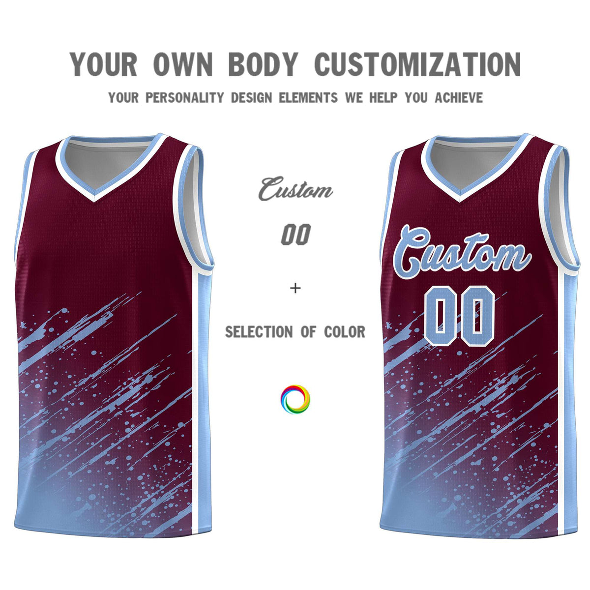 Custom Crimson Basketball Kits With Light Blue Paint Graffiti